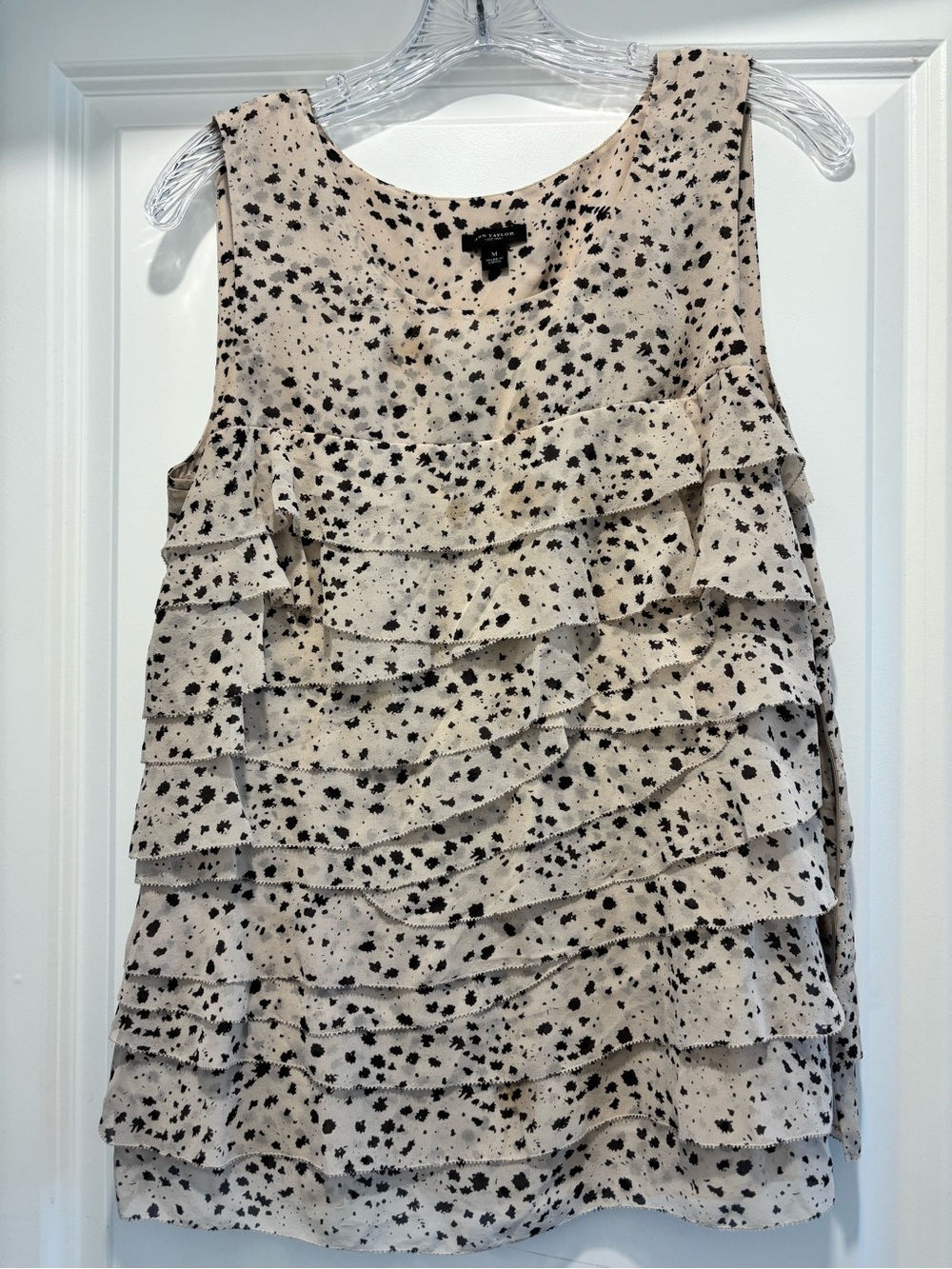 Ann Taylor Beige and Black Spot Ruffled Tiered Sleeveless Top